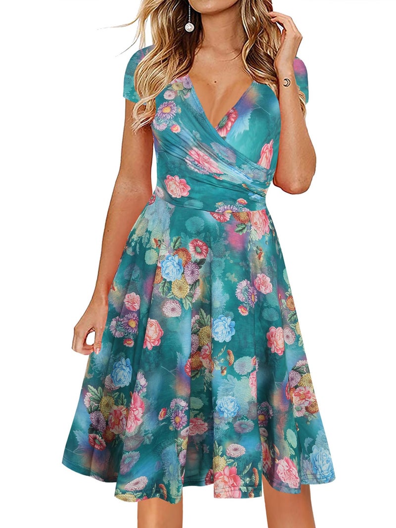 oxiuly Women's V-Neck Cap Sleeve Floral Casual Cocktail Party Swing Dress OX233 (L, Green) - Image 1